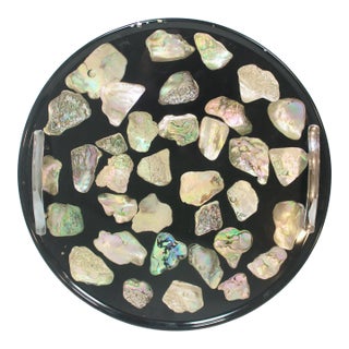 Vintage Mid Century Modern Abalone Shell and Lucite Circular Tray With Handles For Sale