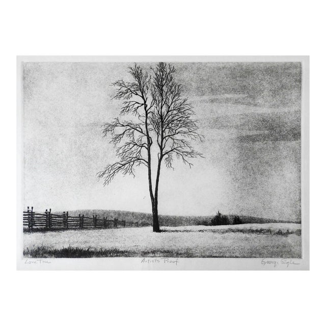 Vintage Mid Century Lone Tree Landscape Etching For Sale