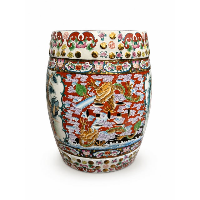 Chinese Vintage Chinese Famille Rose Porcelain Drum Garden Stool With Dragon, Court Scene & Floral Motifs For Sale - Image 3 of 7