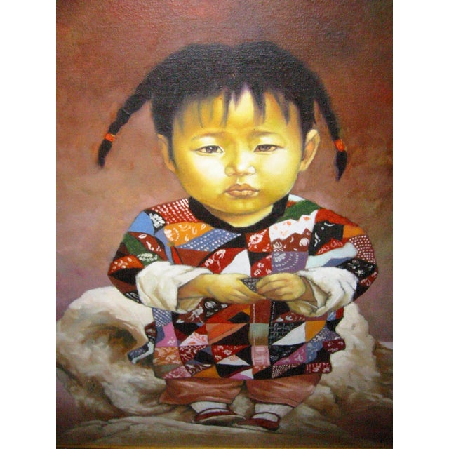 Chinese 1980s Chinese Child Prayer Inspired Framed Portrait Oil on Canvas For Sale - Image 3 of 18