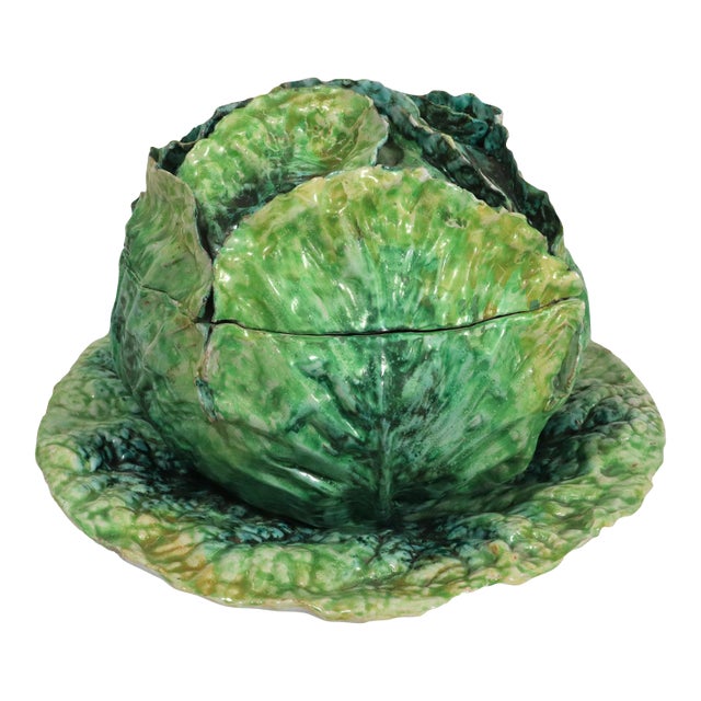Garden Whimsy: Large Italian Ceramic Cabbage Tureen & Stand For Sale