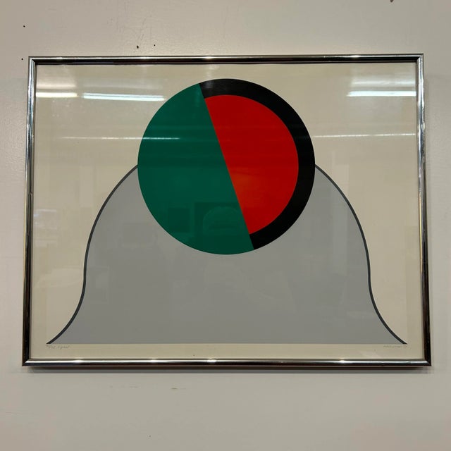 This framed Takesada Matsuani serigraph is bold, minimalistic, and colorful. It features colors of red, green, gray, black...