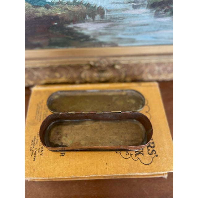 18th Century 18th Century Likely Dutch Brass and Copper Toned Snuff or Tobacco Box With Engraved Figural Scenes and Script. For Sale - Image 5 of 8