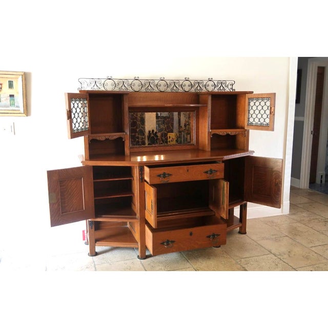 Victorian Antique Oak Sideboard Buffet With Leaded Glass Cabinets & Mirror For Sale - Image 3 of 12