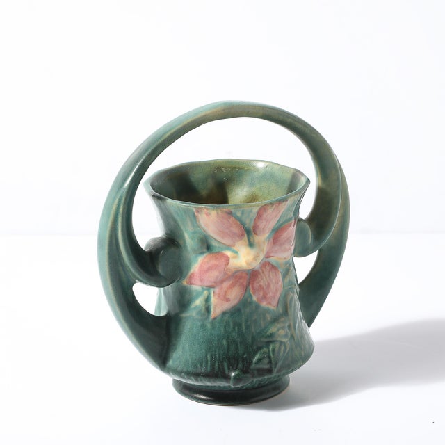 Ceramic Art Deco Roseville Clematis Green Vintage Art Pottery Ceramic Vase Basket 387-7 For Sale - Image 7 of 14