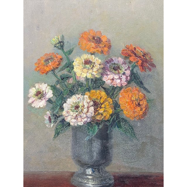 Truly lovely early 20th C. original oil on canvas - floral scene of pansies in a pewter or sterling vase. Golden yellow,...