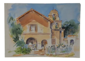 Emilie Sandoval "California Mission" Original Watercolor C.1980