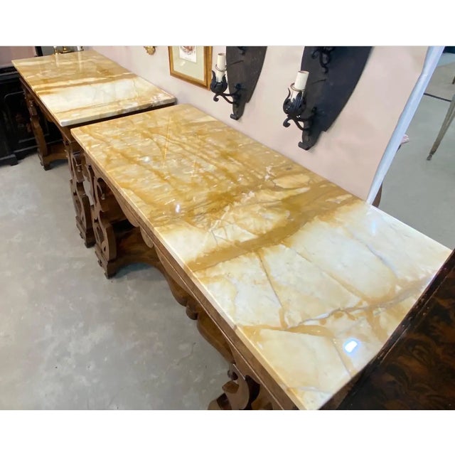 Pair of 19th Century Continental Inlaid Walnut Consoles With Yellow Onyx Tops For Sale - Image 15 of 15