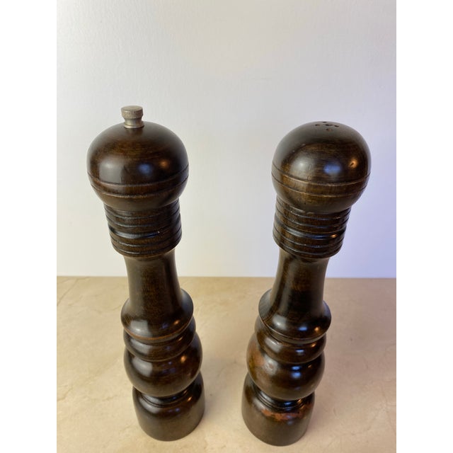 Vintage Made in Japan Dark Hardwood Salt & Pepper Mill Set, Turned Wood Grinder Pair For Sale In Seattle - Image 6 of 9