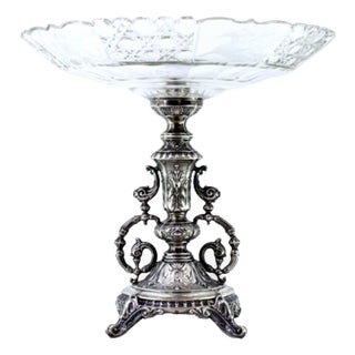 Fruit Bowl Centerpiece in Silver and Cut Glass with Acanthus Leaves and Applications For Sale
