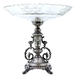 Fruit Bowl Centerpiece in Silver and Cut Glass with Acanthus Leaves and Applications