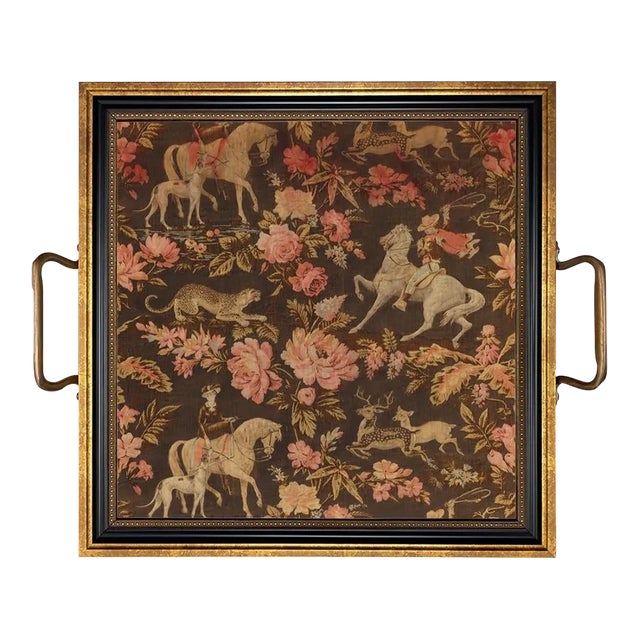 Pink and Brown Equestrian Textile Print Decorative Tray With Brass Handles, 11-1/2 X 11-1/2" For Sale