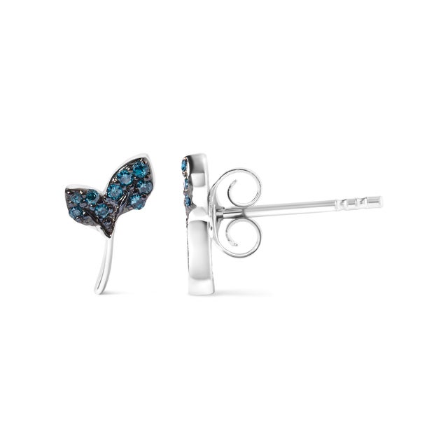 Haus of Brilliance Sterling Silver Blue Treated Diamond Accent Leaf Stud Earrings For Sale - Image 4 of 4