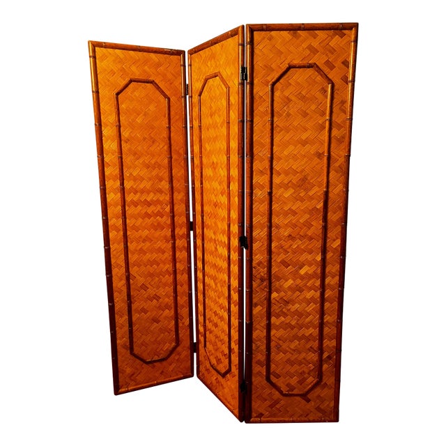 Bamboo and Woven Herringbone Rattan MCM Folding Screen For Sale