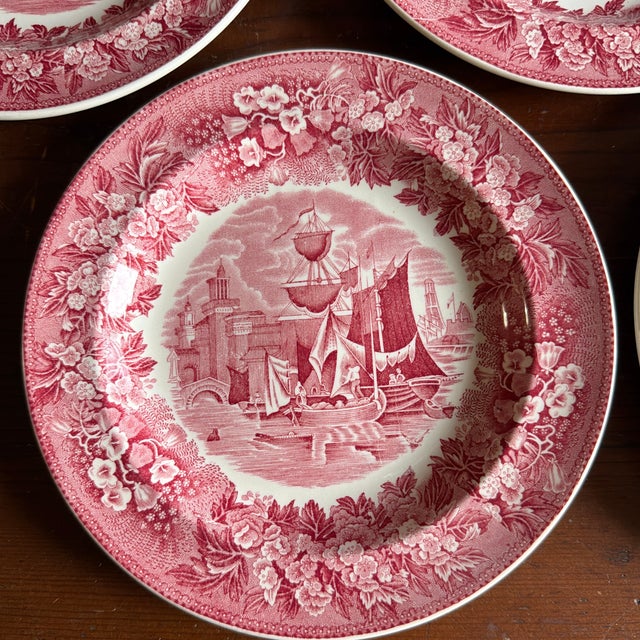 Wedgwood A Fine Set of 5 Vintage Wedgwood “Ferrara” Red Transferware Plates, 1960's For Sale - Image 4 of 12