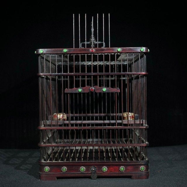 Rosewood Birdcage With Gemstone Inlay and Ceramic Feeders For Sale - Image 9 of 9