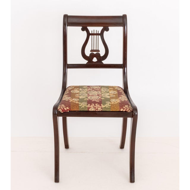 Duncan Phyfe Style Lyre Back Mahogany Side Chair, 19th century, with fabric upholstered drop-in seat. 33.5" H x 18" W x...