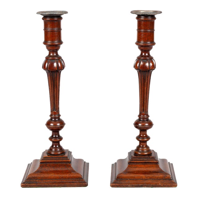 Antique Pair English Mahogany Candlesticks For Sale