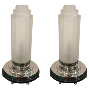 French Art Deco Table Lamps by Genet Et Michon With Marble Base - a Pair