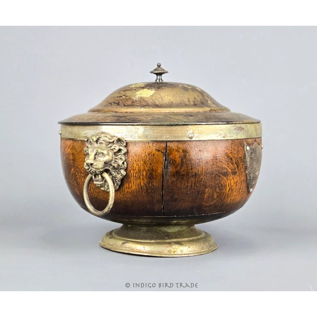 19th Century 1870's Antique English Oak & Silver Plated Victorian Pedestal Trophy Salad or Fruit Bowl Dish With Lid and Lion Head Ring Handles For Sale - Image 5 of 12