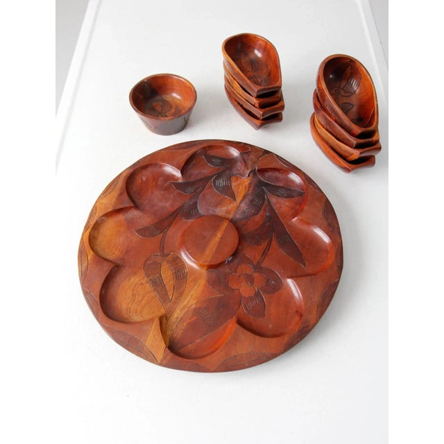 Wood Mid-Century Tropical Carved Wood Serving Tray Set - Set of 10 For Sale - Image 7 of 10