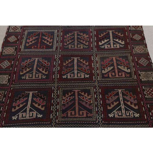 1920s Antique Russian Tribal Kilim Rug in Blue and Red Embroidered Geometric Patterns For Sale - Image 5 of 8