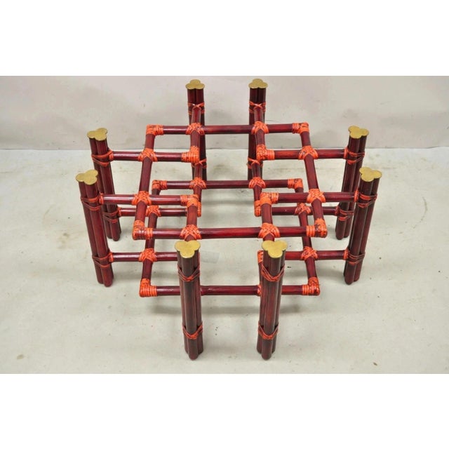 Vintage McGuire Red Rattan Bamboo and Brass Glass Top Square Coffee Table For Sale - Image 4 of 12