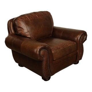 Embossed Brown Leather Club Chair For Sale