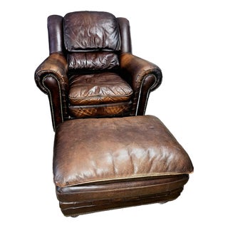 Leather Library Chair and Matching Ottoman For Sale