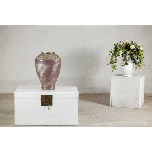 Artisan Ceramic Vase with Silvered Mauve Glaze and Textured Rim For Sale - Image 10 of 12