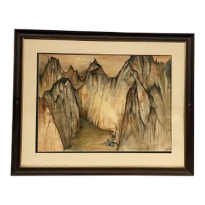 1970s Nicki Looney Canyon Watercolor Painting, Framed