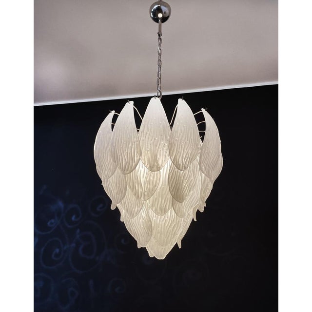 Huge Italian vintage Murano chandelier made by 41 handblown transparent frosted carved glass leaves in a chrome frame....