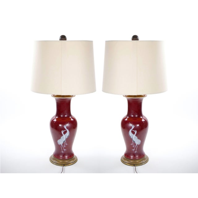 Ceramic Pair of Mid-20th Century Burgundy Red Porcelain Chinoiserie Heron Table Lamps For Sale - Image 7 of 12