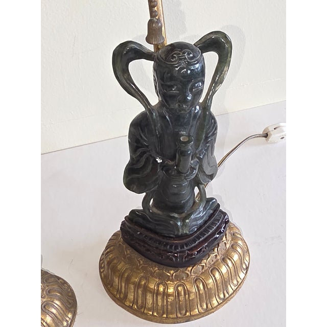 1920s Pair of Carved Jade Figural Lamps For Sale - Image 5 of 12