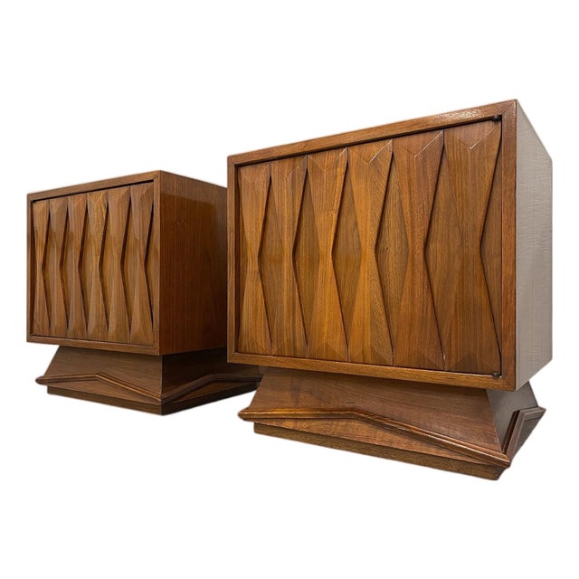 Pair of 1960s Mid-Century Modern Walnut Geometric Nightstands For Sale