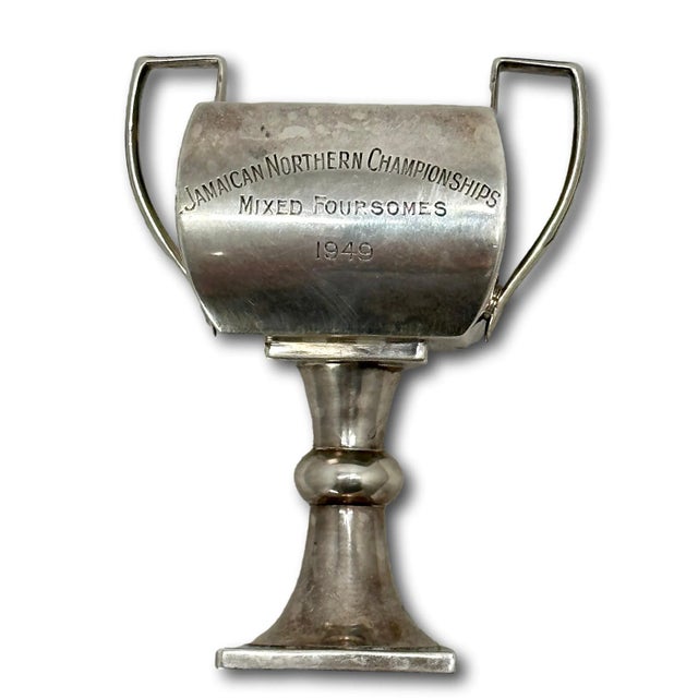 Antique 1877 London England Sterling Silver Trophy Cup With 1949 Mixed Foursomes Tennis Championship Presentation Engraving For Sale - Image 4 of 12