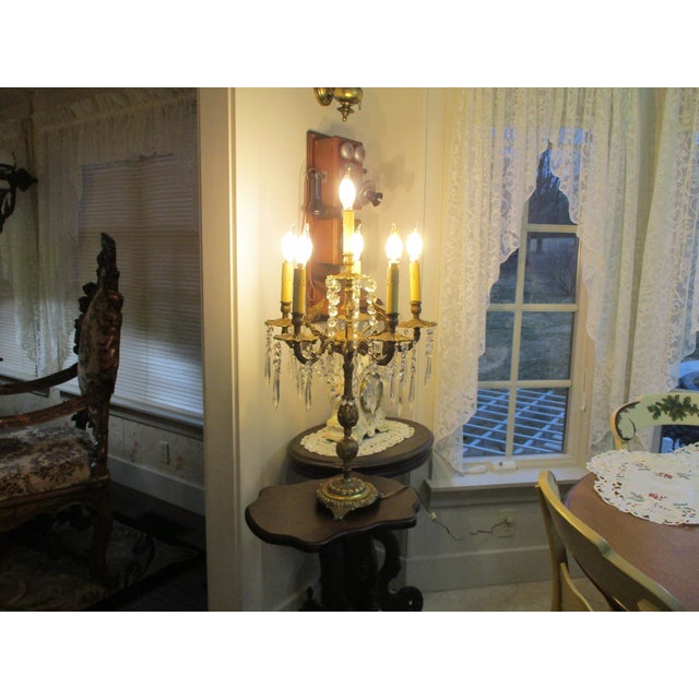 1930s Huge Heave Antique Fancy Brass Art Nouveau Lamp Crystal Prisms , Crystal Chain 6 Lights Adorned With Angel Wings For Sale - Image 12 of 13