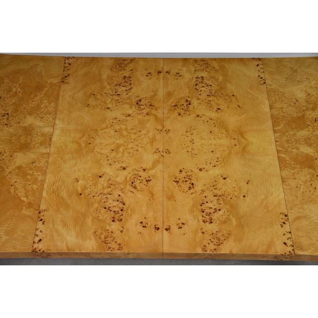 Refinished Milo Baughman Square to Rectangle 40” - 79” Parsons Burl Dining Table For Sale - Image 10 of 11