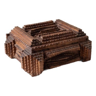 Vintage Tramp Art Wooden Box, Hand Carved Folk Art Jewelry Box, Layered Chip Carved Rustic Storage Box, Primitive Decor For Sale