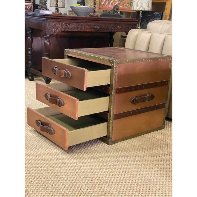 Campaign 1990s Side Table Trunk W 3 Drawers Copper & Brass For Sale - Image 3 of 12
