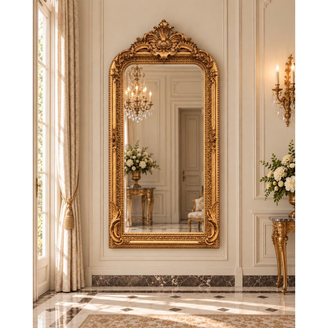 Late20C French Maker LouisXVI Gold Beech Floor Mirror For Sale - Image 10 of 15
