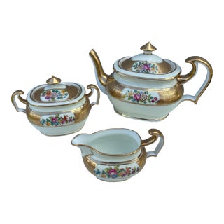 1900 Gold & Floral Cauldon for Tiffany Tea Set - Set of 3 For Sale