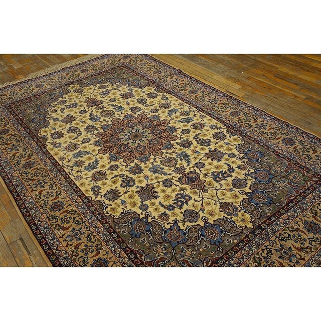 Persian 1950s Small Classic Beige Field Medallion Vintage Isfahan Wool Silk Carpet Rug For Sale - Image 3 of 12