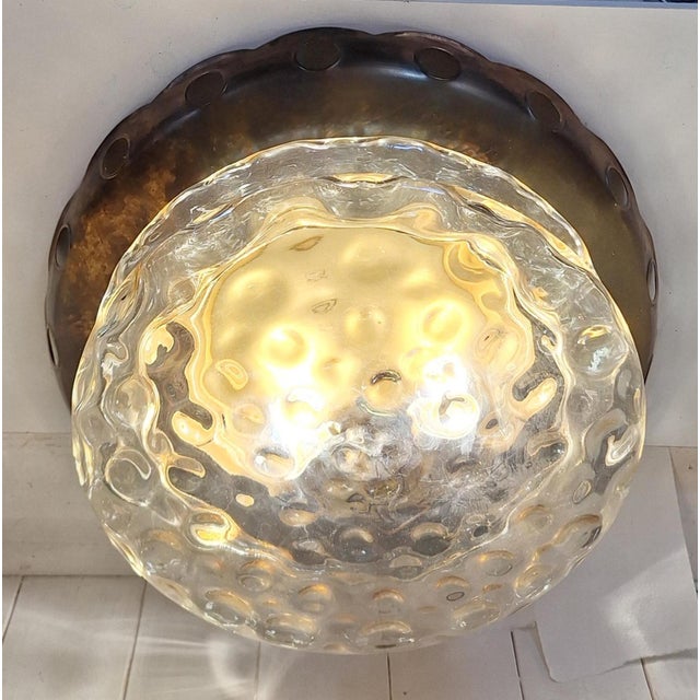 1970s Vintage Ceiling Lamp with Patinated Brass Trim and Amber-Tinted Glass Shade, 1970s For Sale - Image 5 of 9