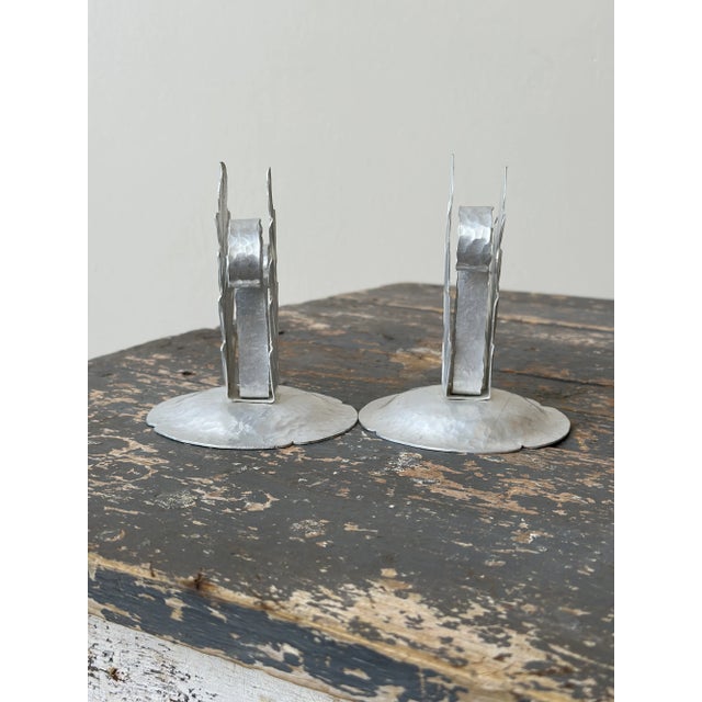 Vintage Handmade Hammered Aluminum Leaf Motif Candleholders, a Pair, Circa 1940s For Sale - Image 10 of 12
