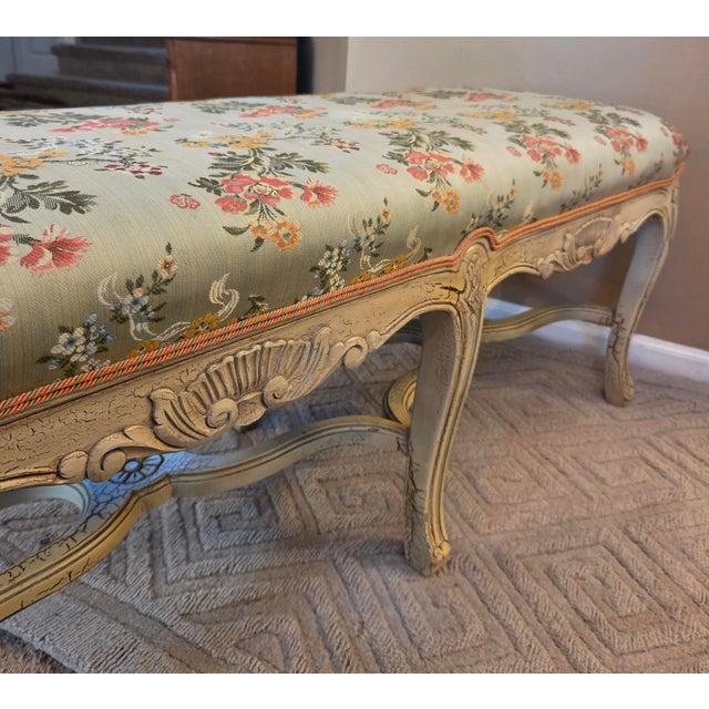 Vintage French Louis XV Style White Painted & Custom Upholstered Window Bench For Sale - Image 4 of 11