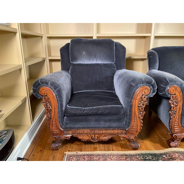 Late 19th Century Stunning Blue Velvet Empire Revival Accent Chairs (Pair) For Sale - Image 18 of 18