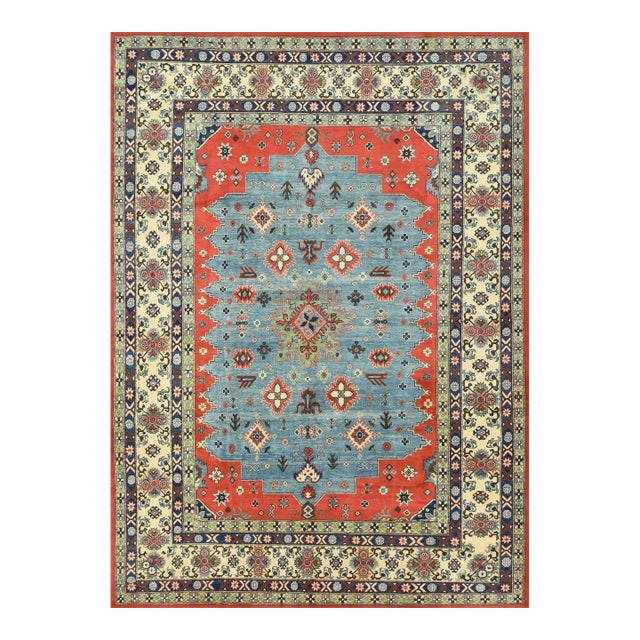 Kazak Rug 9'1'' X 12'5'' Blue Wool Tribal Hand-Knotted Oriental Carpet For Sale