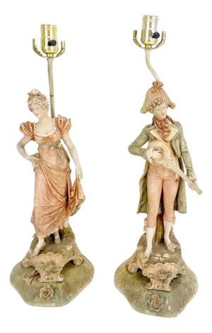 Pair of 1900s Large Porcelain Ceramic Dancing Figurines Table Lamps