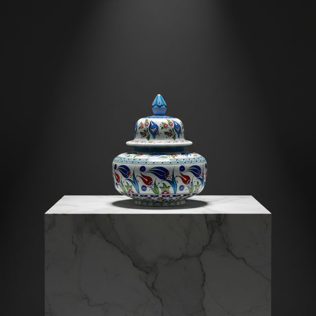 Red Handmade Ceramic Classic Iznik Jar with Lid Red Tulip and Meander Border For Sale - Image 8 of 8